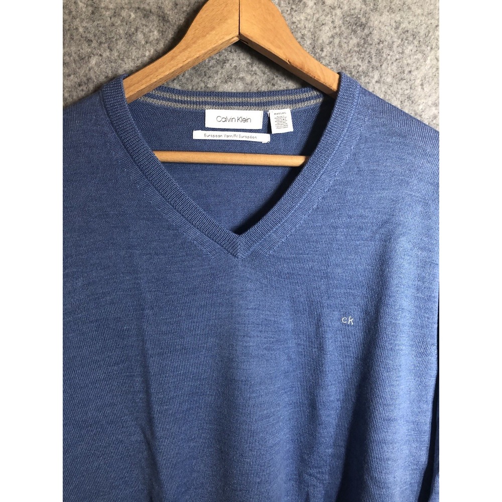 Calvin Klein Sweater Men XL Blue Italian Yarn Pullover V-neck Classic